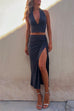 Priyavil Deep V Neck Sleeveless Crop Top Drawstring Side Split Skirt Set