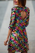 3/4 Sleeves Back Cut Out Rainbow Sequin Mini Party Dress