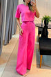 Priyavil Crewneck Short Sleeve Crop Top Wide Leg Palazzo Pants Outfits Set