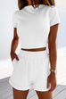 Priyavil Short Sleeve Crop Top Elastic Waist Rolled Hem Shorts Set