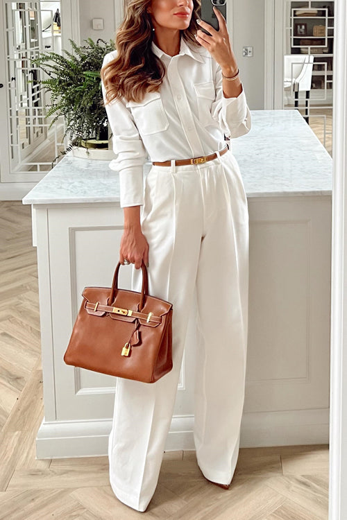 Long Sleeves Blouse Shirt Wide Leg Pants 2 Piece Outfits