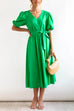 Priyavil V Neck Short Sleeve Knot Waist Solid Swing Dress