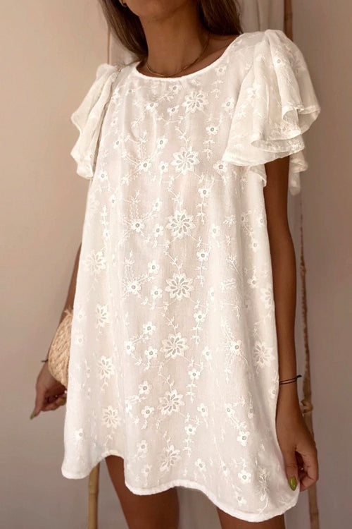 Priyavil Flutter Sleeve Solid Floral Lace Swing Dress