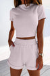 Priyavil Short Sleeve Crop Top Elastic Waist Rolled Hem Shorts Set