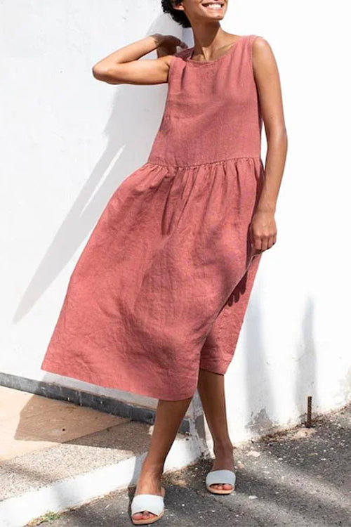 Priyavil Solid Sleeveless Cotton Linen Midi Sundress