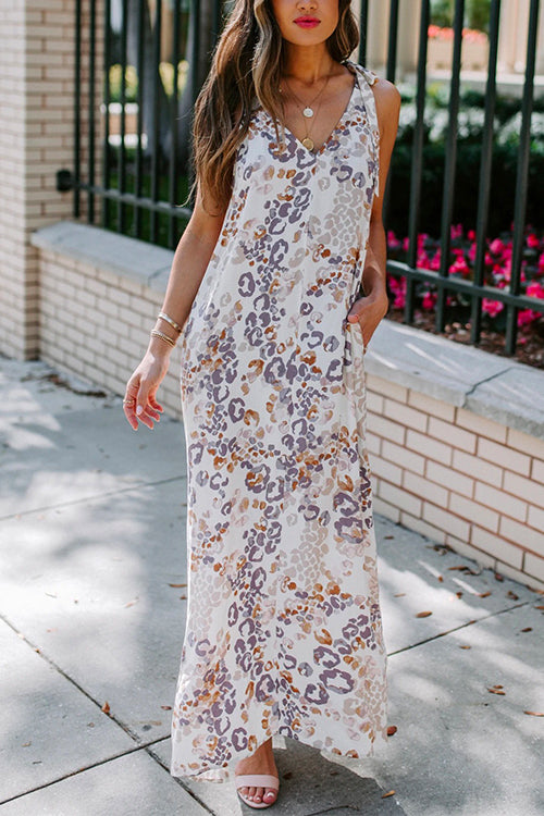 Priyavil V Neck Tie Shoulder Side Split Printed Maxi A-line Dress