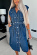 Priyavil Lapel Double Breasted Curve Hem Denim Midi Dress with Belt