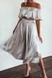 Priyavil Off Shoulder Crop Top Side Split Midi Skirt Satin Set