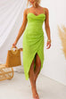 Spaghetti Strap Wrap Slit Ruched Midi Cami Dress