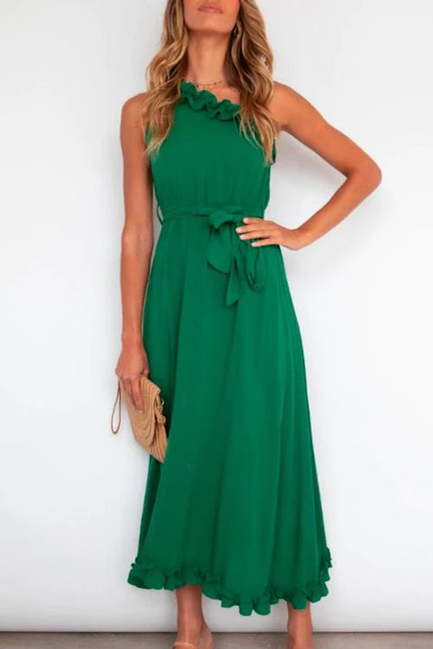 Priyavil One Shoulder Tie Waist Ruffle Maxi Dress