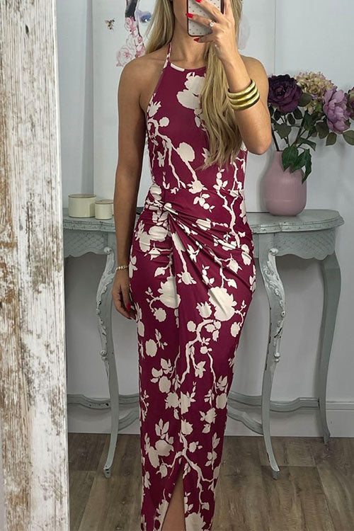 Priyavil Halter Twist Front Slit Floral Printed Maxi Dress