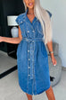Priyavil Lapel Double Breasted Curve Hem Denim Midi Dress with Belt