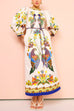 Priyavil 3/4 Puff Sleeves Back Slit Birdie Printed Maxi Dress