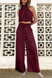 Priyavil Mockneck Sleeveless Crop Top Tie Waist Wide Leg Pants Set