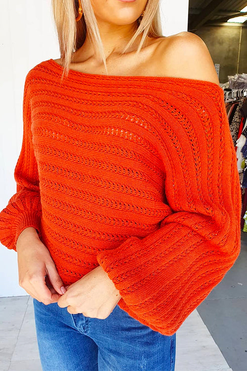 Priyavil Off Shoulder Balloon Sleeves Hollow Out Pullover Sweater
