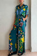 Priyavil Cartoon Printed Rolled Up Sleeves Blouse Shirt Wide Leg Pants Holiday Set