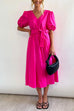 Priyavil V Neck Short Sleeve Knot Waist Solid Swing Dress