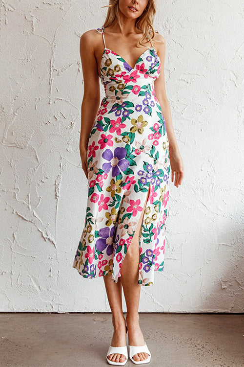 Priyavil Tie Shoulder High Waist Slit Cami Midi Floral Dress