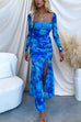 Backless Lace Up Long Sleeves High Slit Printed Mermaid Maxi Dress