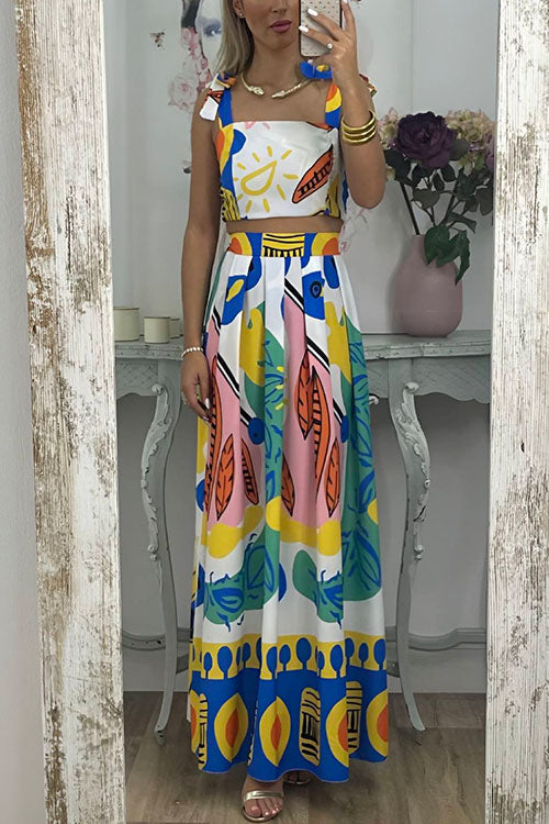 Priyavil Bow Knot Shoulder Crop Cami Top Maxi Swing Skirt Graffiti Printed Set