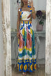Priyavil Bow Knot Shoulder Crop Cami Top Maxi Swing Skirt Graffiti Printed Set
