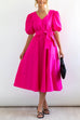 Priyavil V Neck Short Sleeve Knot Waist Solid Swing Dress