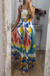 Priyavil Bow Knot Shoulder Crop Cami Top Maxi Swing Skirt Graffiti Printed Set