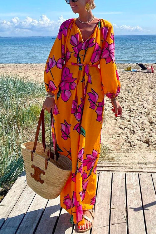 Priyavil V Neck Long Sleeves Tie Waist Floral Maxi Holiday Dress