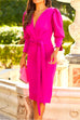 Priyavil V Neck Puff Sleeves Knot Waist Midi Pencil Dress