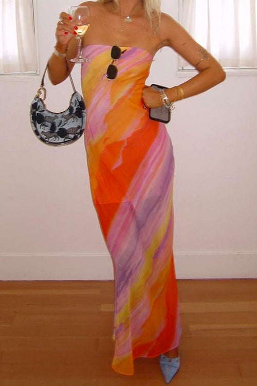 Priyavil Sleeveless Tube Top Gradient Printed Maxi Chiffon Dress