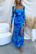 Backless Lace Up Long Sleeves High Slit Printed Mermaid Maxi Dress