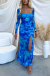Backless Lace Up Long Sleeves High Slit Printed Mermaid Maxi Dress