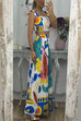 Priyavil Bow Knot Shoulder Crop Cami Top Maxi Swing Skirt Graffiti Printed Set