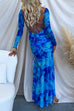 Backless Lace Up Long Sleeves High Slit Printed Mermaid Maxi Dress