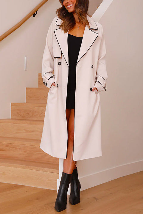 Notch Lapel Double Breasted Long Trench Coat with Belt