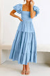 Priyavil Square Collar Puff Sleeve Smocked Ruffle Tiered Dress