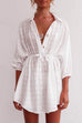 Priyavil 3/4 Sleeve Drawstring Waist Beach Mini Shirt Dress