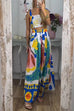 Priyavil Bow Knot Shoulder Crop Cami Top Maxi Swing Skirt Graffiti Printed Set