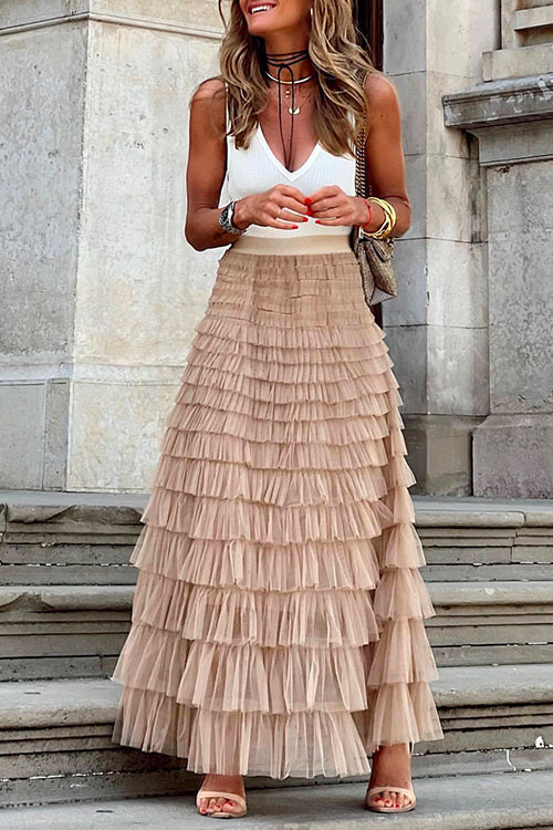Priyavil Ruffle Layered Mesh A-line Long Tulle Skirt