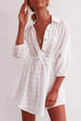 Priyavil 3/4 Sleeve Drawstring Waist Beach Mini Shirt Dress