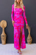 Backless Lace Up Long Sleeves High Slit Printed Mermaid Maxi Dress