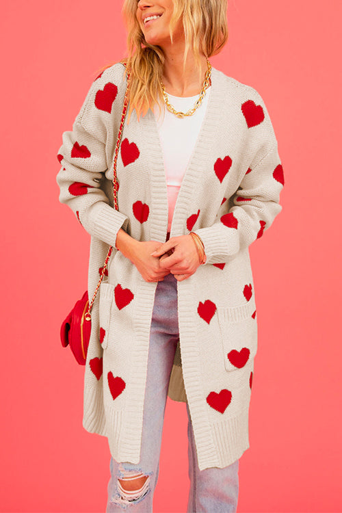 Priyavil Open Front Pocketed Valentines Date Heart Print Cardigan