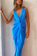 Sleeveless V Neck Twist Knot Front Slit Maxi Party Dress