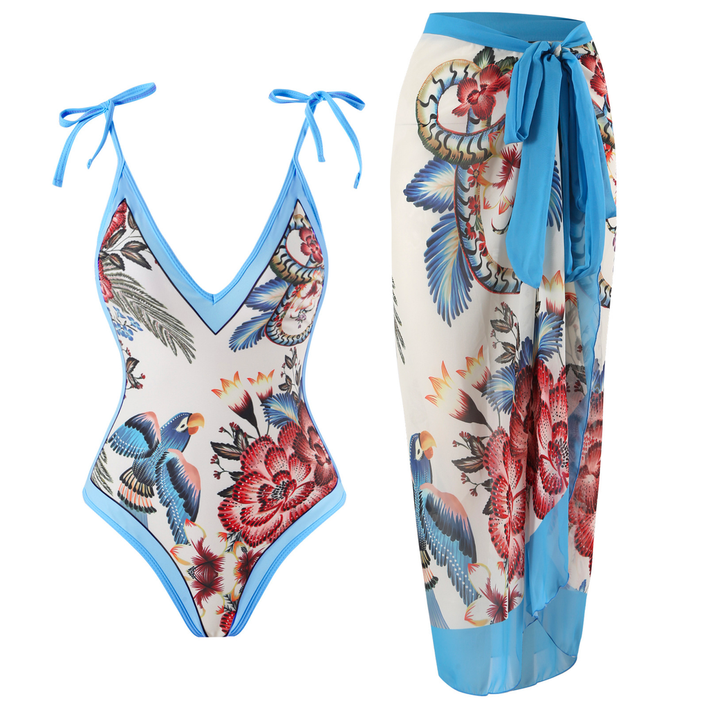 Priyavil Floral Print V Neck Tie Shoulder One-piece Swimwear and Wrap Cover Up Skirt Set
