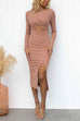 Twist Front Cut Out Slit Bodycon Midi Dress