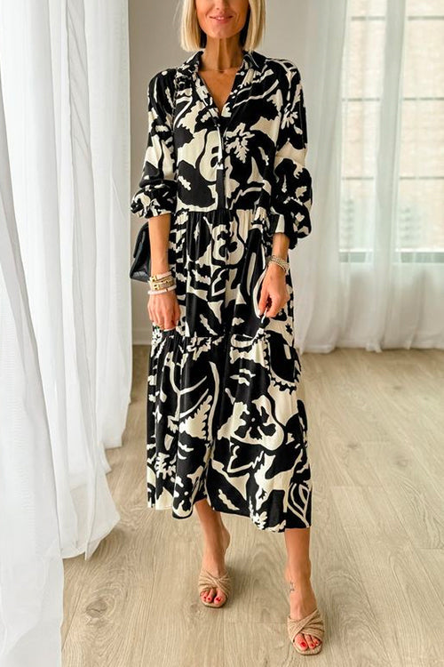 Elegant Long Sleeves Printed Midi Swing Dress