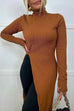 Turtleneck High Slit Long Sweater Top with Thumb Holes