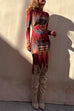 Mockneck Ruched Waist Side Split Color Block Midi Dress