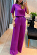 Priyavil Crewneck Short Sleeve Crop Top Wide Leg Palazzo Pants Outfits Set