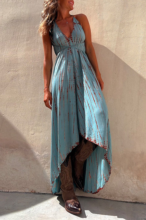 Priyavil V Neck High Low Hem Tie Dye Maxi Cami Dress